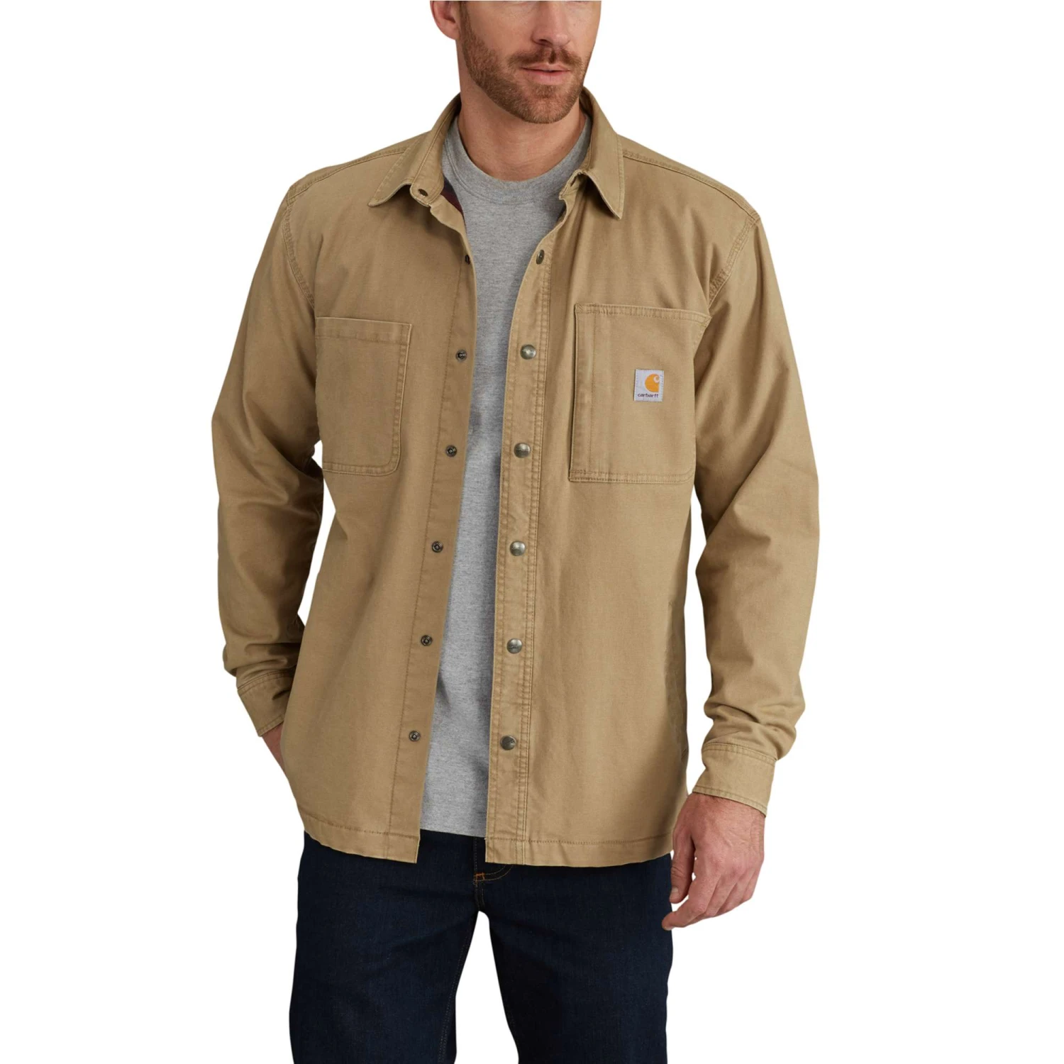 Carhartt Shirts: Men's 102851 253 Dark Khaki Relaxed Fit Canvas Shirt Jacket 2 Carhartt Shirts: Men's 102851 253 Dark Khaki Relaxed Fit Canvas Shirt Jacket - Image 2
