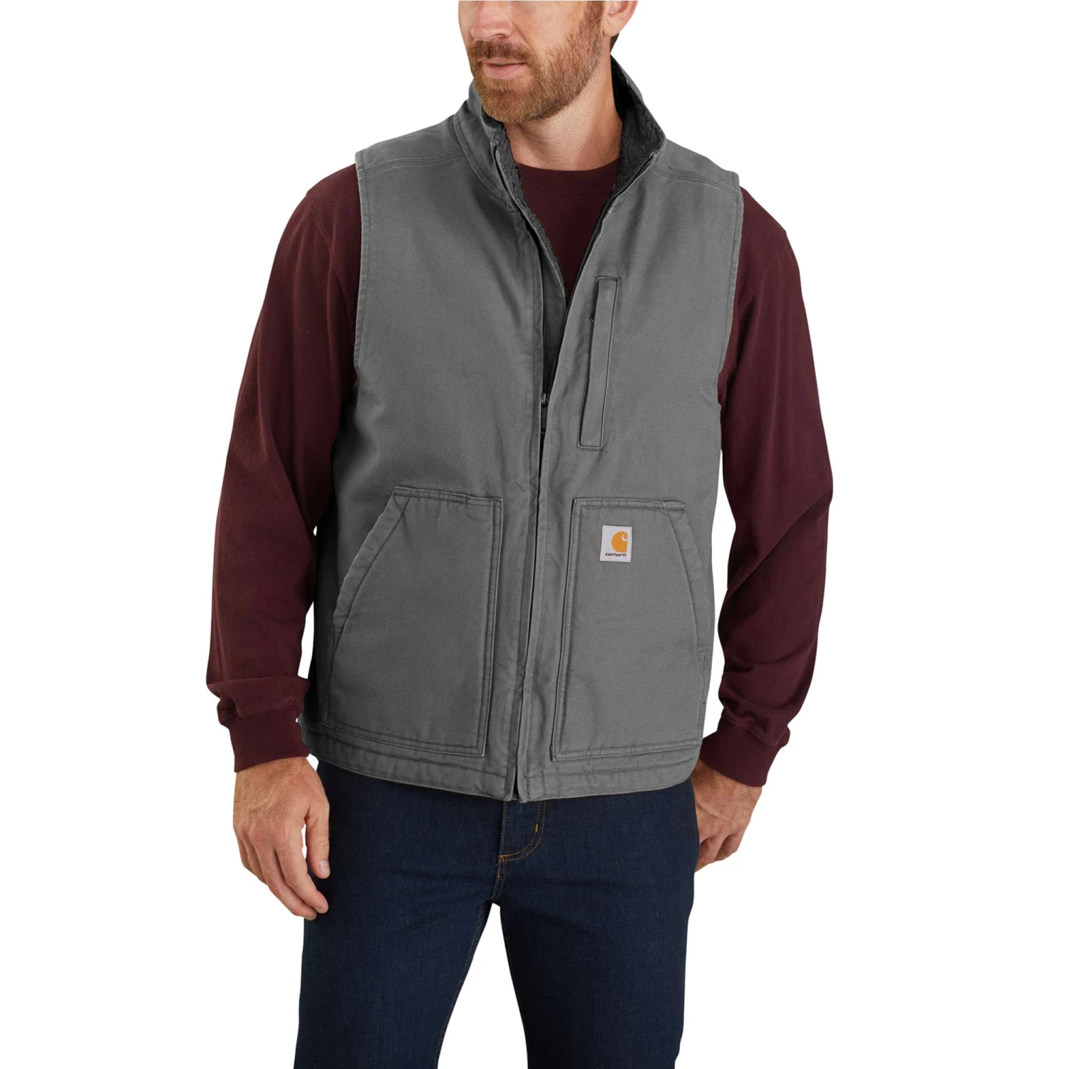 Carhartt Vest: Men's 104277 GVL Gravel Washed Duck Sherpa Lined Mock Vest 1 Carhartt Vest: Men's 104277 GVL Gravel Washed Duck Sherpa Lined Mock Vest