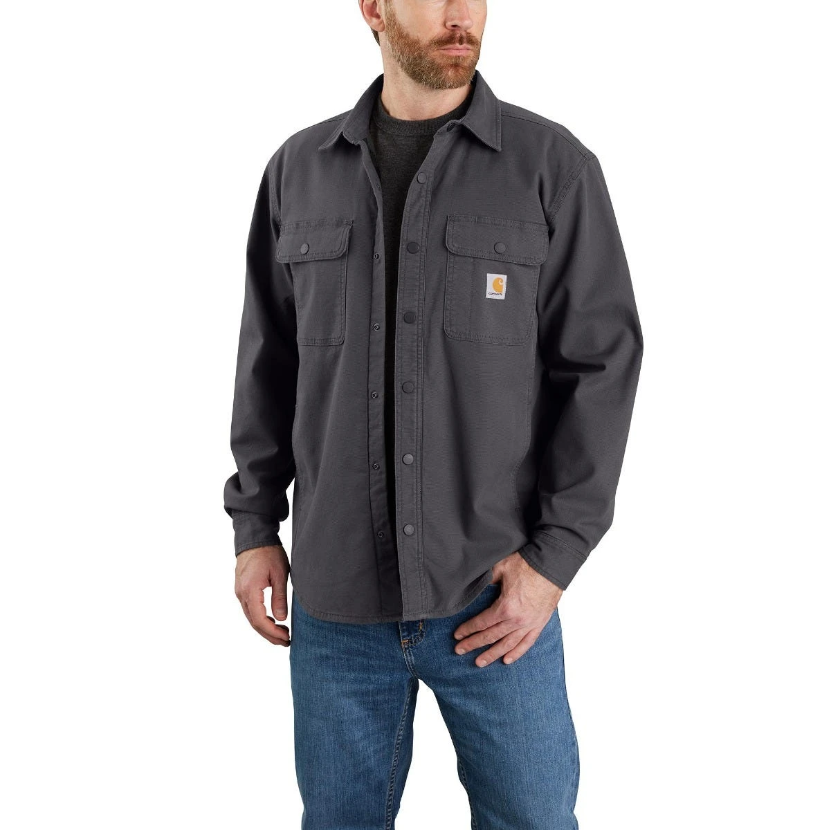Carhartt Shirts: Men's 105419 029 Shadow Rugged Flex Canvas Fleece-Lined Shirt Jacket 1 Carhartt Shirts: Men's 105419 029 Shadow Rugged Flex Canvas Fleece-Lined Shirt Jacket