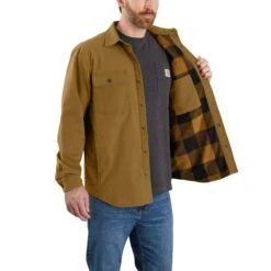 Carhartt Shirts: Men's 105419 B33 Oak Brown Rugged Flex Canvas Fleece-Lined Shirt Jacket -Carhartt Outlet Workwear Store 105419 b33 ail mf22 b