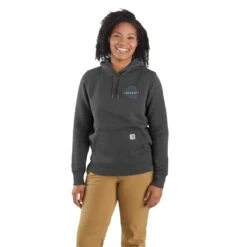 Carhartt Sweatshirts: Women's 106172 CRH Carbon Heather Rain Defender Relaxed Fit Chest Logo Graphic Sweatshirt