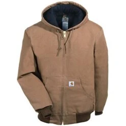 Carhartt Jackets: Men's J140 BRN Brown Flannel Lined USA Made Hooded Active Jacket -Carhartt Outlet Workwear Store j140brn carharttf 01