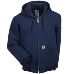 Carhartt Jackets: Men's J140 DNY Navy Hooded USA Made Flannel Lined Active Jacket -Carhartt Outlet Workwear Store j140dny carharttf 01