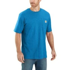 Carhartt Shirts: Men's K87 H72 Marine Blue Heather Weight Pocket Short Sleeve Loose Fit T-Shirt